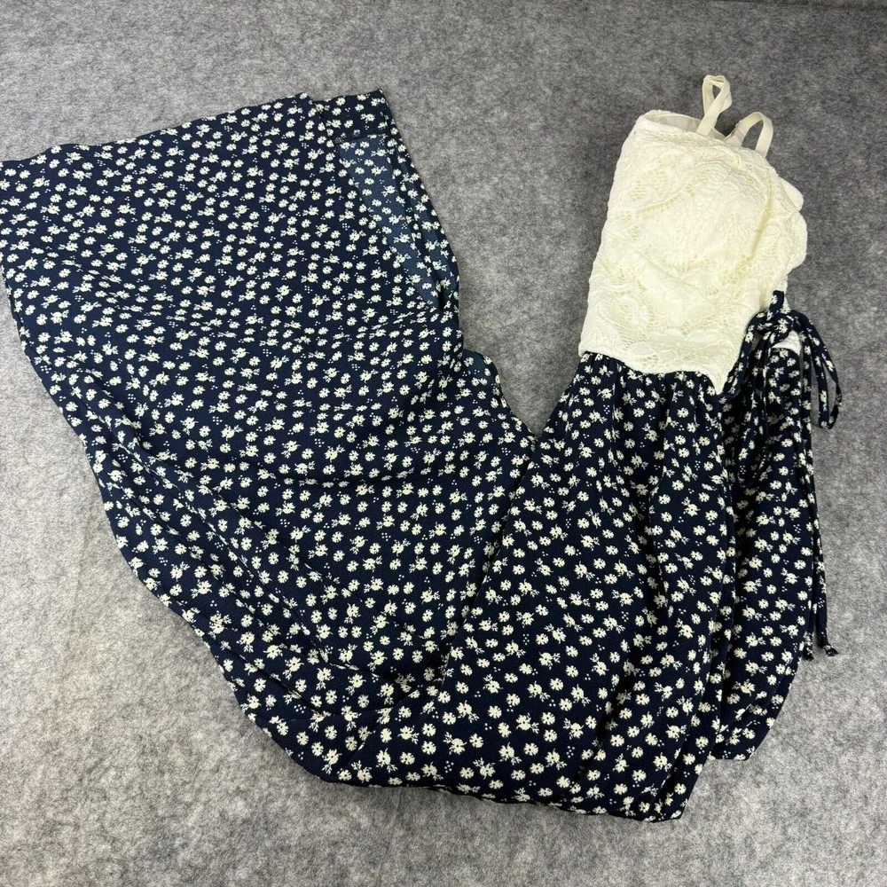 Candies Woman's White Lace & Blue Floral Wide Leg Jumpsuit Slits Y2K 90s Cottage - Picture 3 of 9